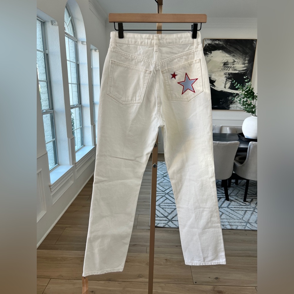 Reformation Cynthia High Rise Straight Jeans – White with Star Embroidery